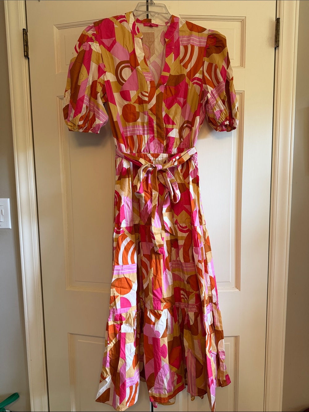 Women's Pink Multi-Color Printed Midi Dress with Tie Waist